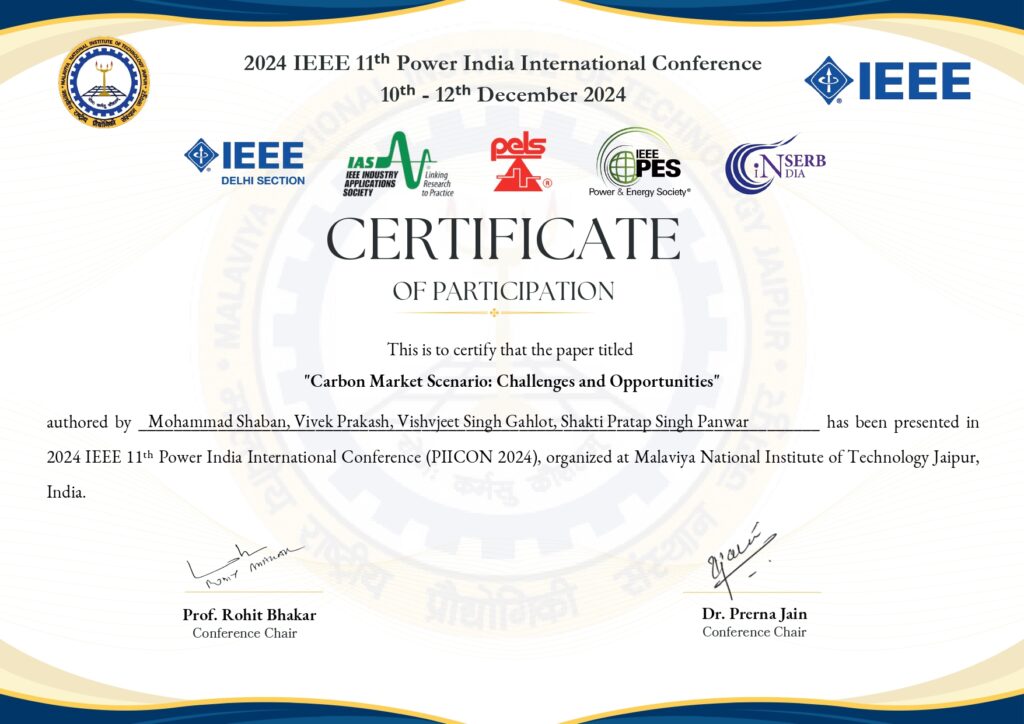 Certificate of Participation from the 2024 IEEE Power India International Conference (PIICON 2024), held at MNIT Jaipur.